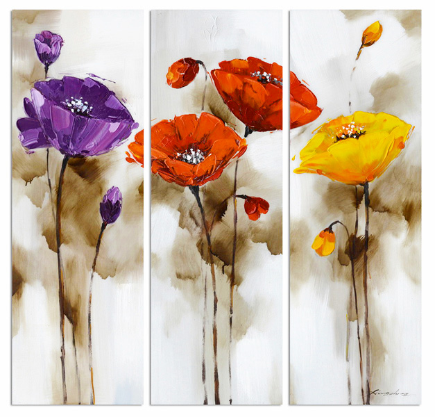 PXFC278 Wall décor art oil on canvas floral poppies blue red yellow set of 3